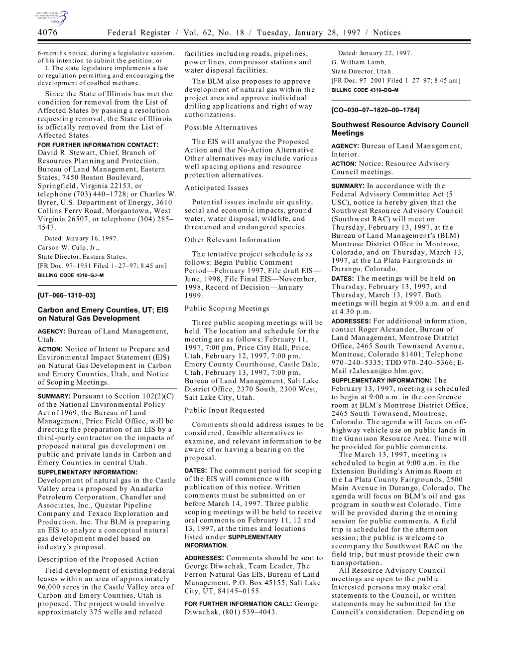 Federal Register / Vol. 62, No. 18 / Tuesday, January 28, 1997 / Notices