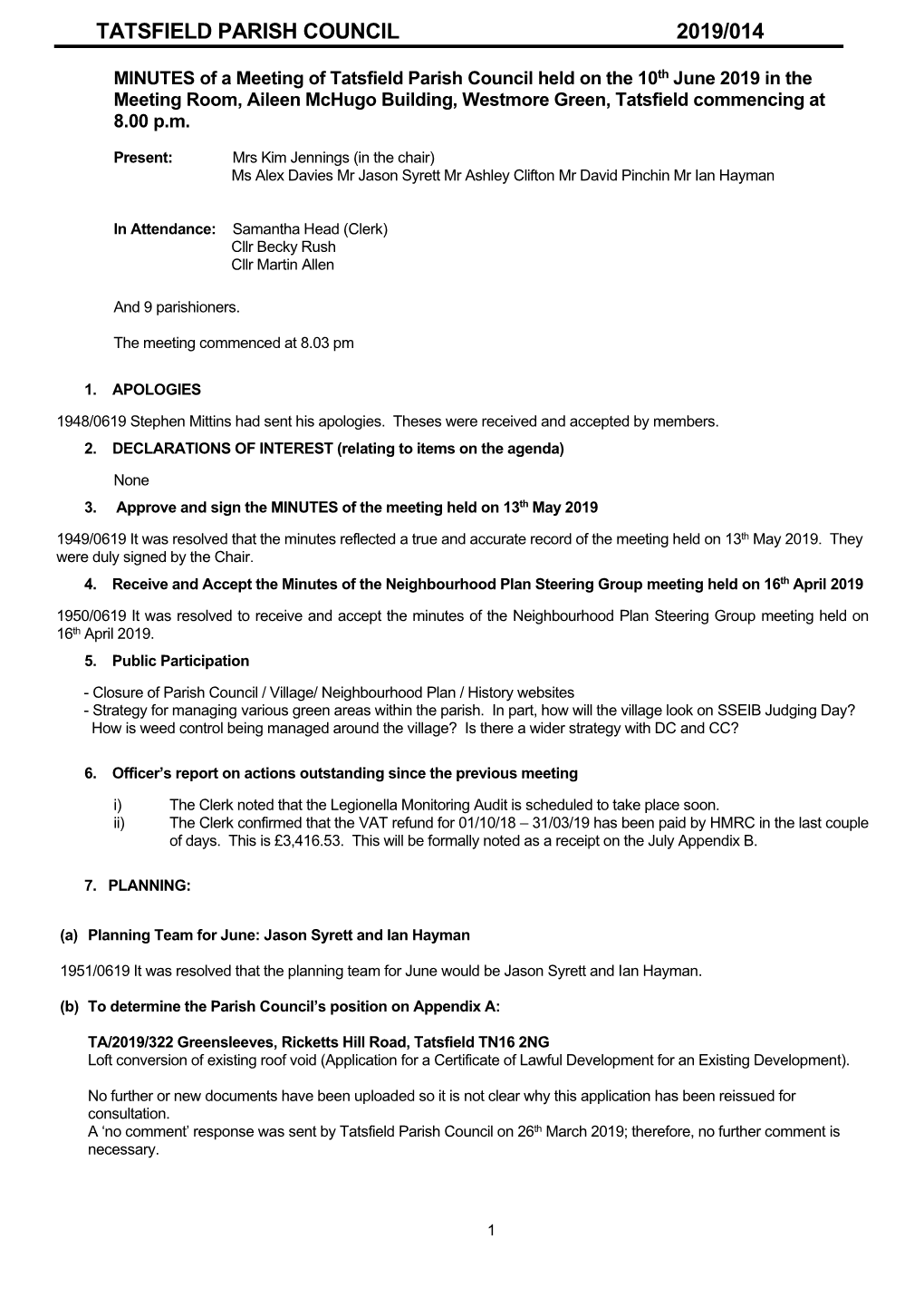 MINUTES of a Meeting of Tatsfield Parish Council Held on the 18Th