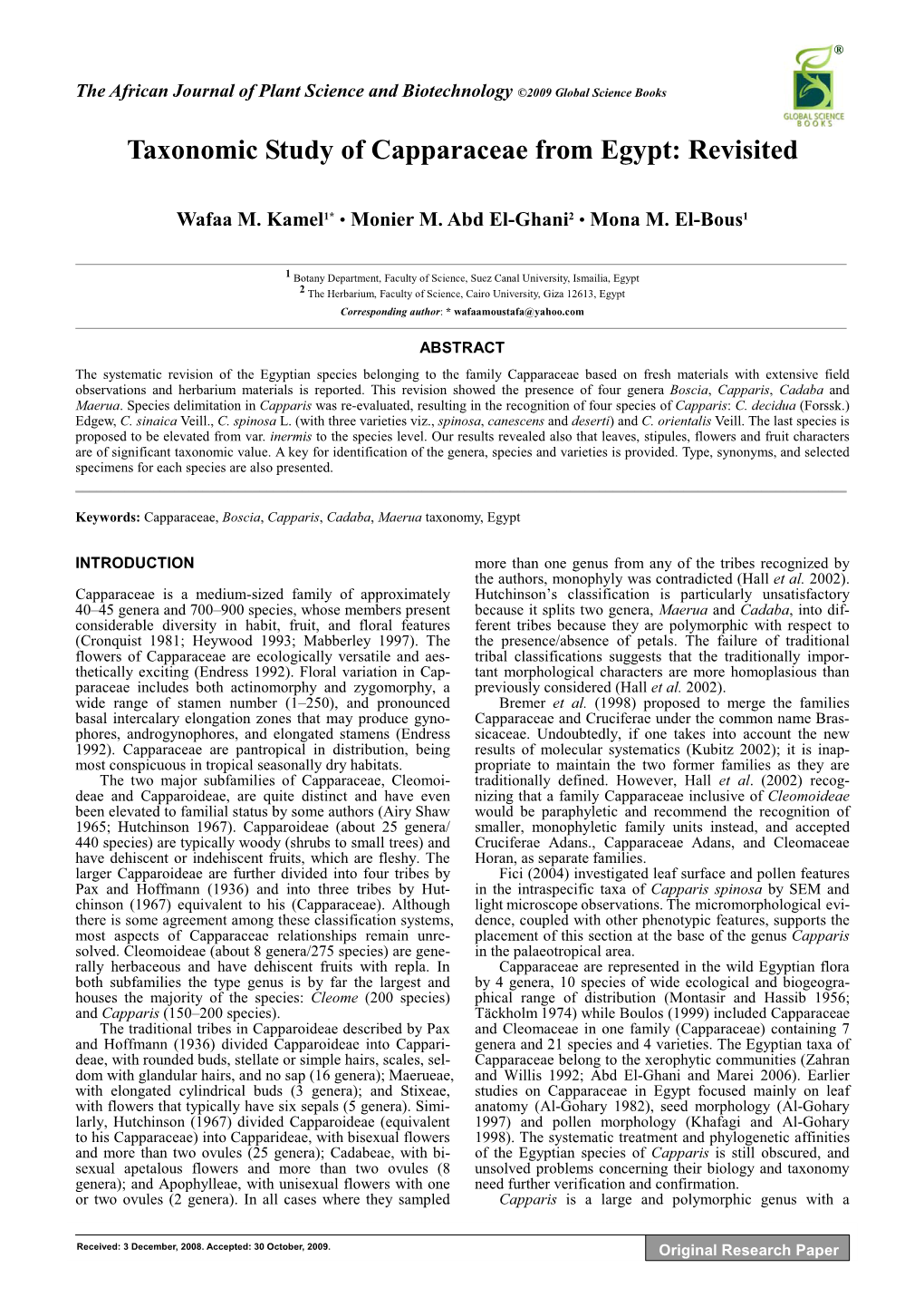 Taxonomic Study of Capparaceae from Egypt: Revisited