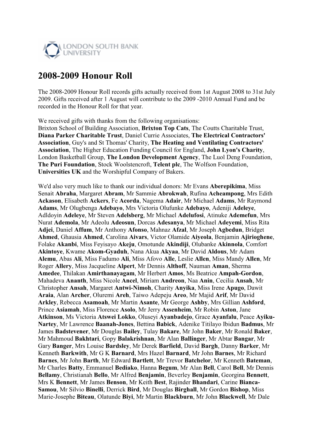 2008-2009 Honour Roll