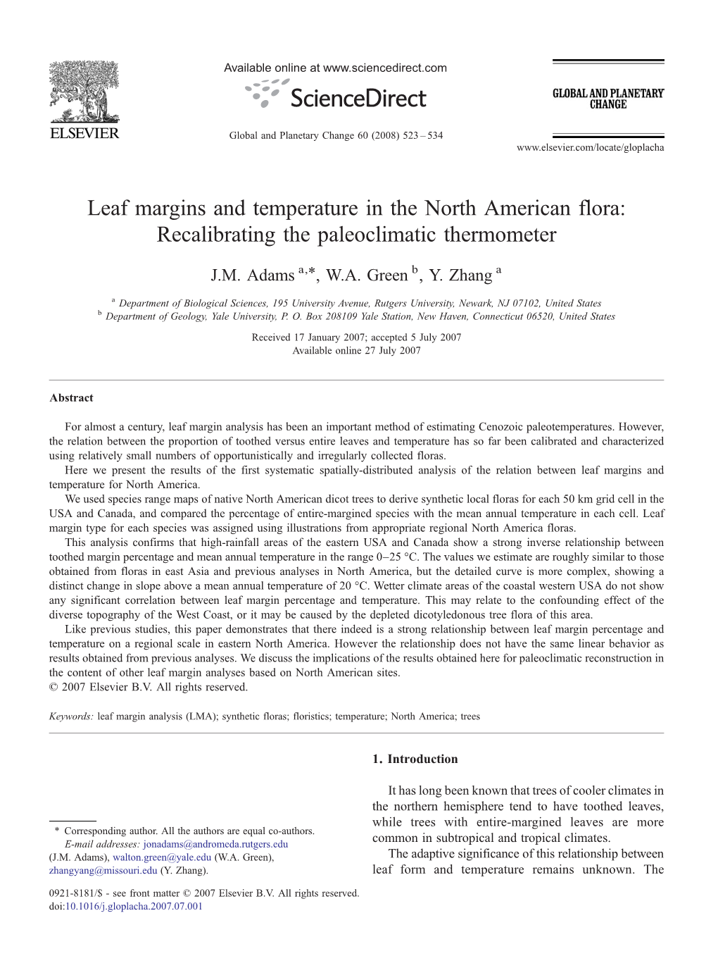 Leaf Margins and Temperature in the North American Flora: Recalibrating the Paleoclimatic Thermometer ⁎ J.M