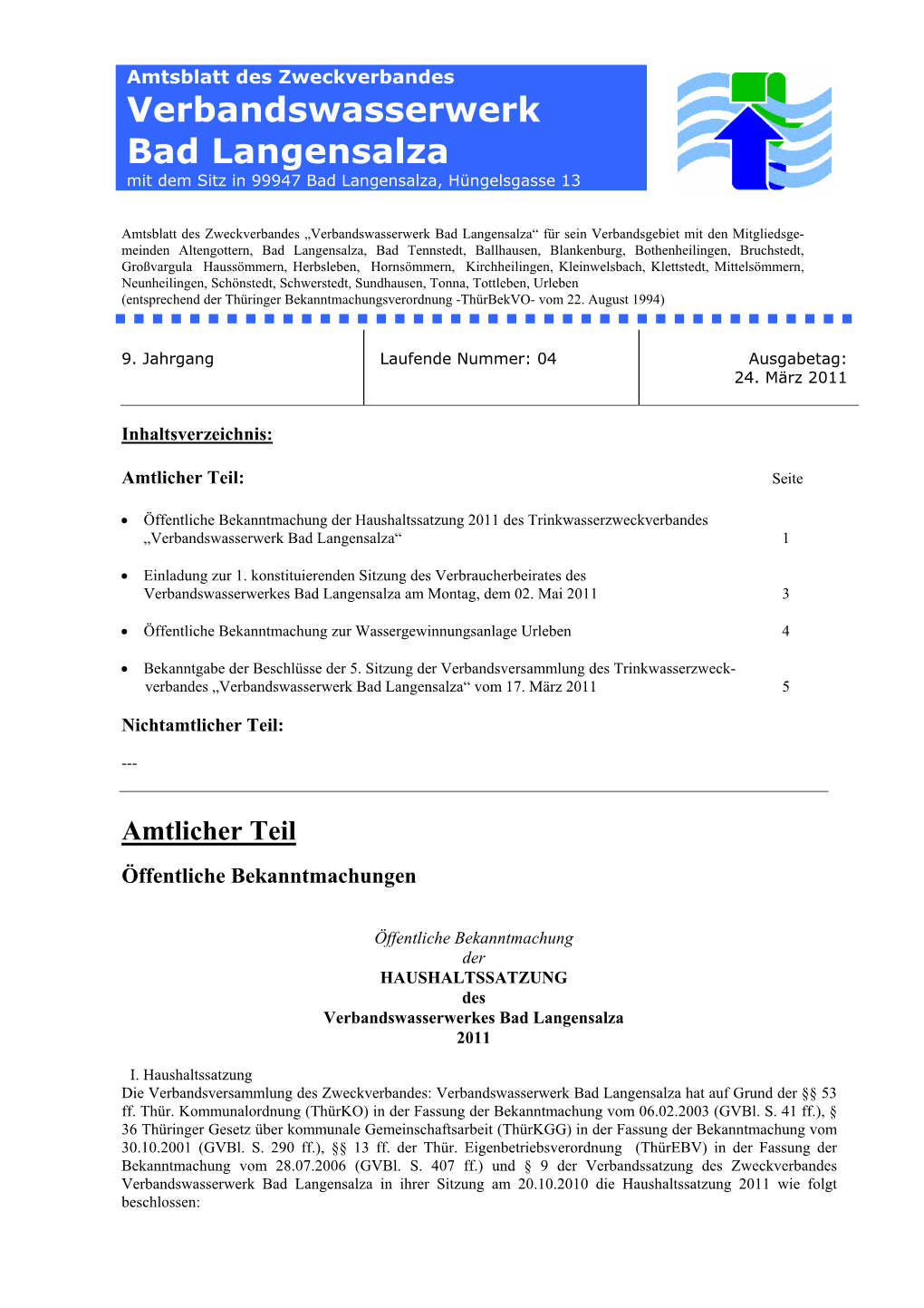 Verbandswasserwerk Bad Langensalza / AZV „Mittlere Unstrut“