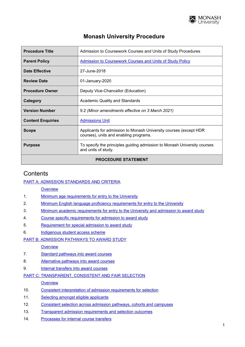 Admission to Coursework Courses and Units Study Procedures