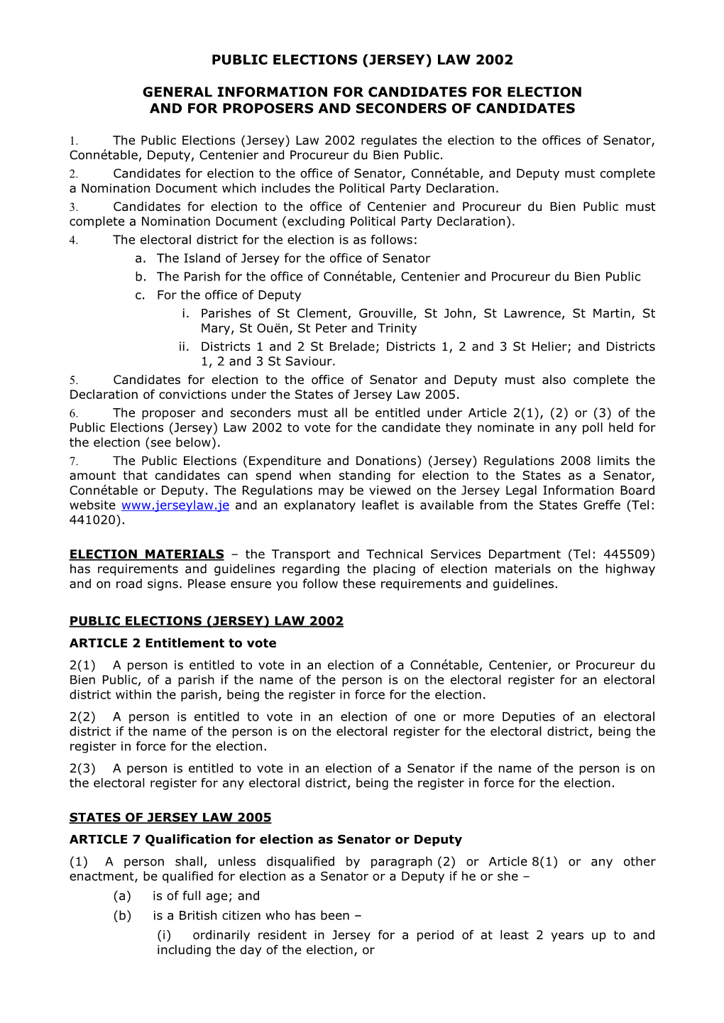 Public Elections (Jersey) Law 2002 General Information for Candidates