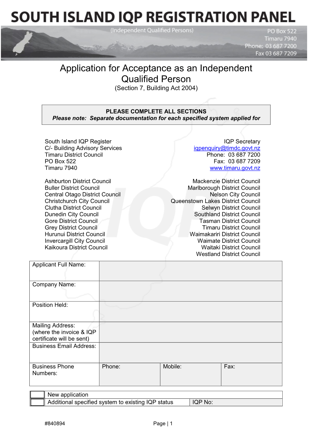 Application for Acceptance As an Independent Qualified Person (Section 7, Building Act 2004)