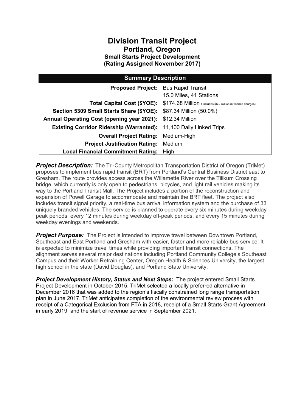 Division Transit Project Portland, Oregon Small Starts Project Development (Rating Assigned November 2017)