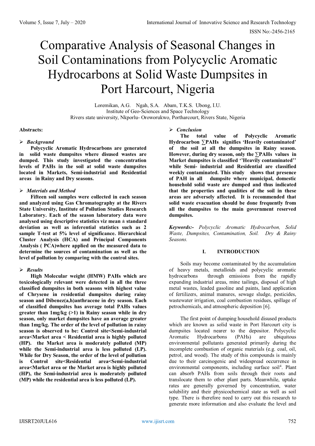 Comparative Analysis of Seasonal Changes in Soil Contaminations from Polycyclic Aromatic Hydrocarbons at Solid Waste Dumpsites in Port Harcourt, Nigeria
