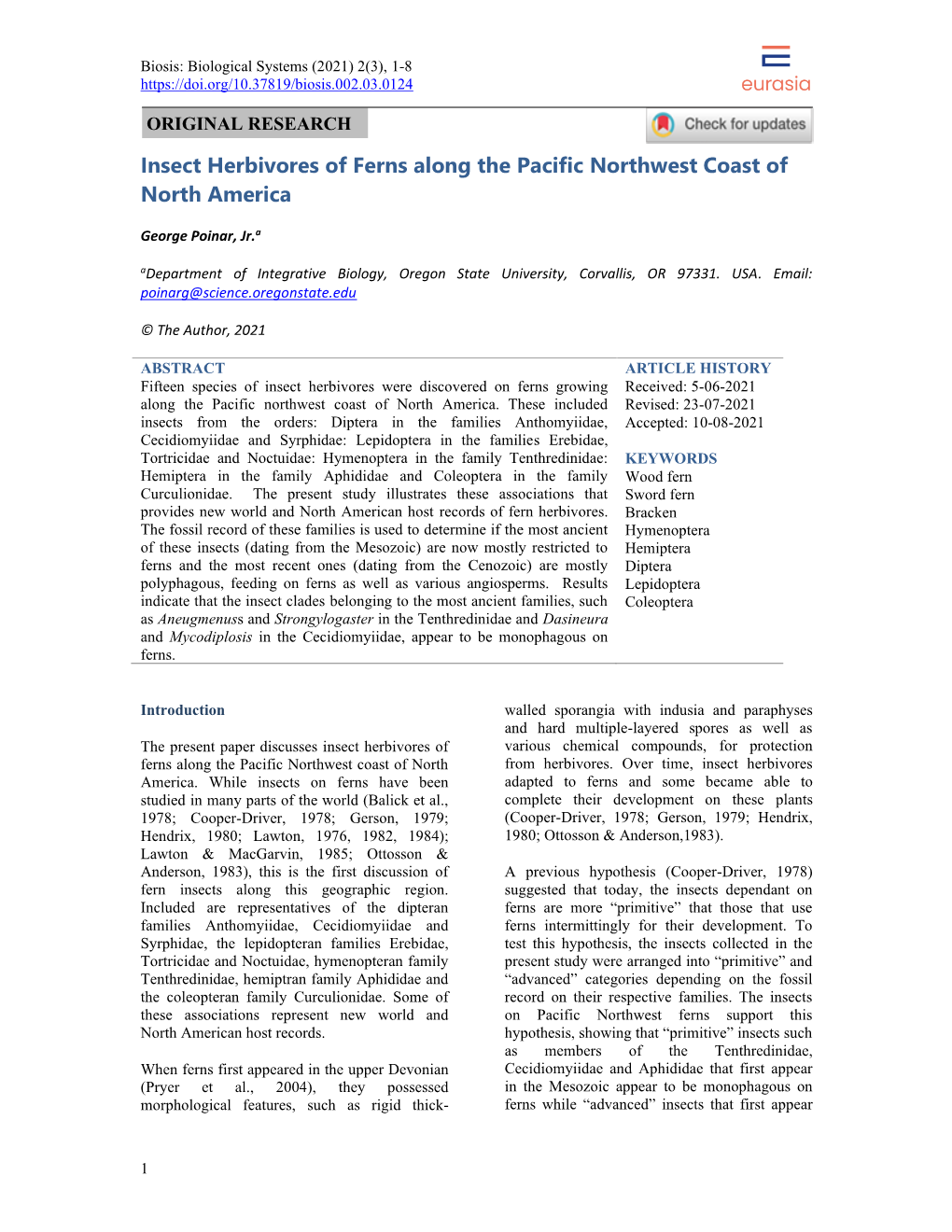 Insect Herbivores of Ferns Along the Pacific Northwest Coast of North America