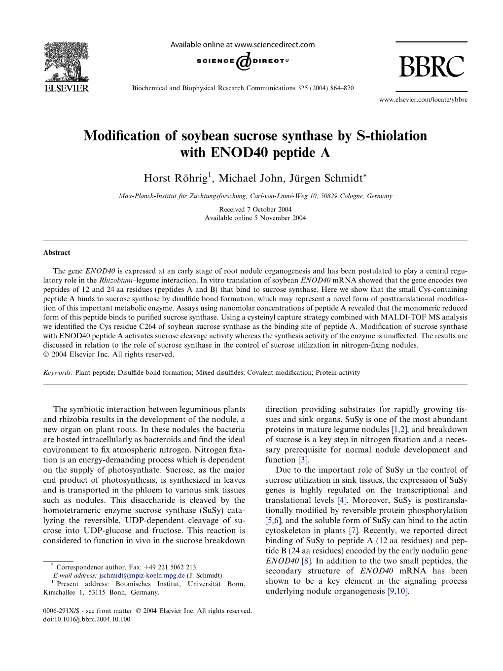 Modification of Soybean Sucrose Synthase by S-Thiolation With