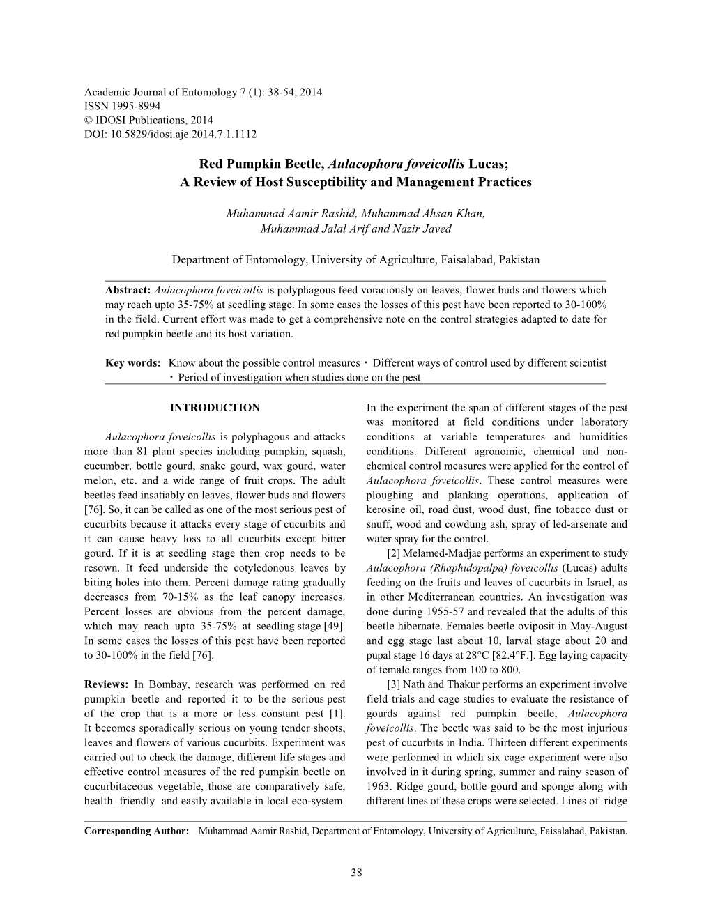 Red Pumpkin Beetle, Aulacophora Foveicollis Lucas; a Review of Host Susceptibility and Management Practices