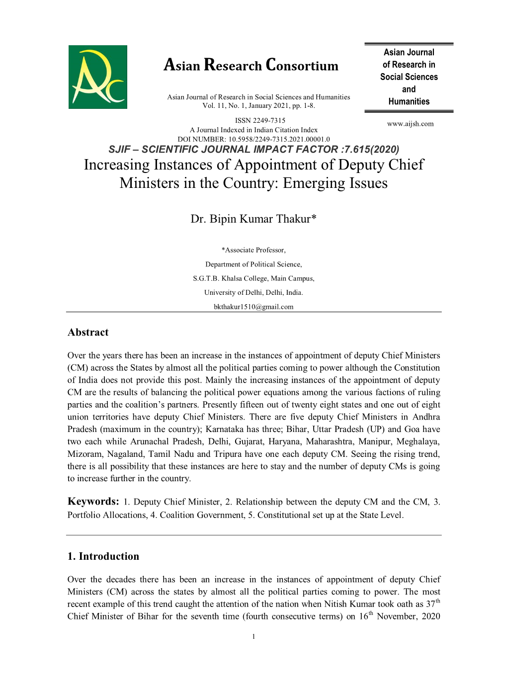 Increasing Instances of Appointment of Deputy Chief Ministers in the Country: Emerging Issues