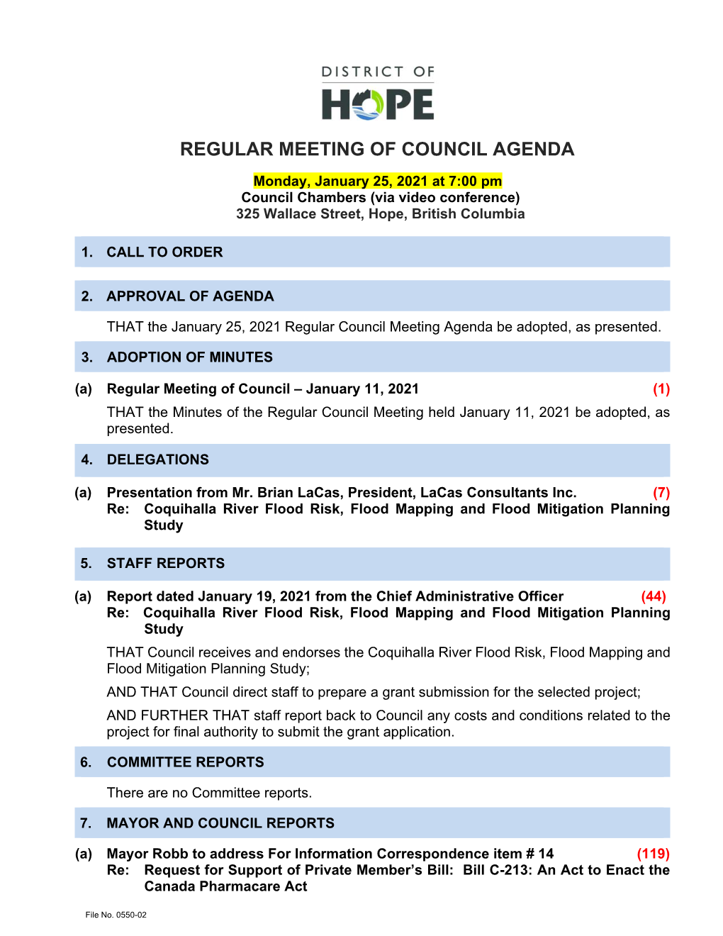 Regular Meeting of Council Agenda