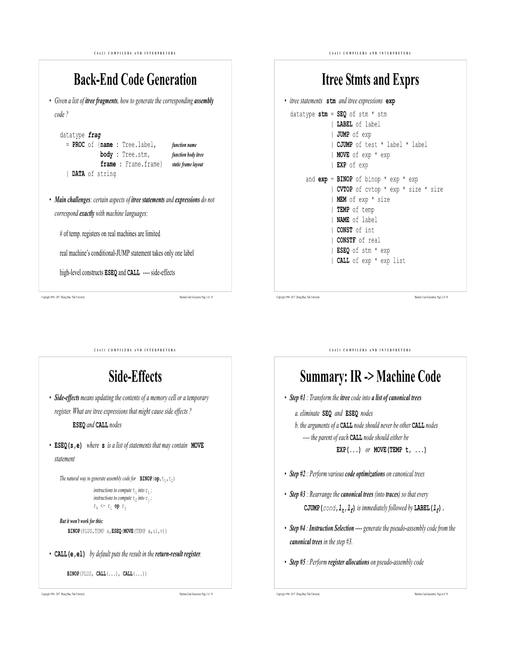 Back-End Code Generation Itree Stmts and Exprs Side-Effects