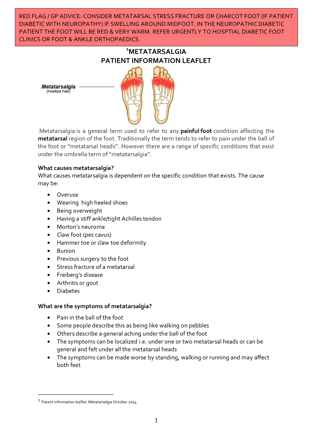 Metatarsalgia Patient Information Leaflet