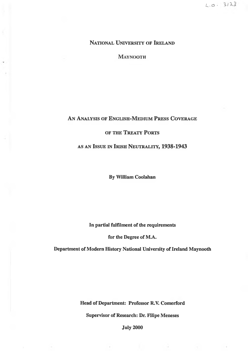 By William Coolahan in Partial Fulfilment of the Requirements for The