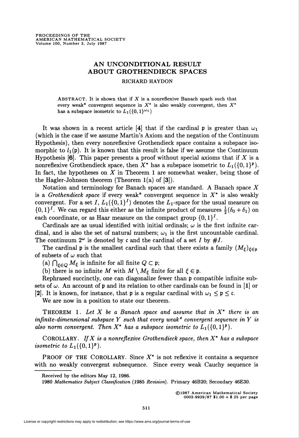 An Unconditional Result About Grothendieck Spaces Richard Haydon