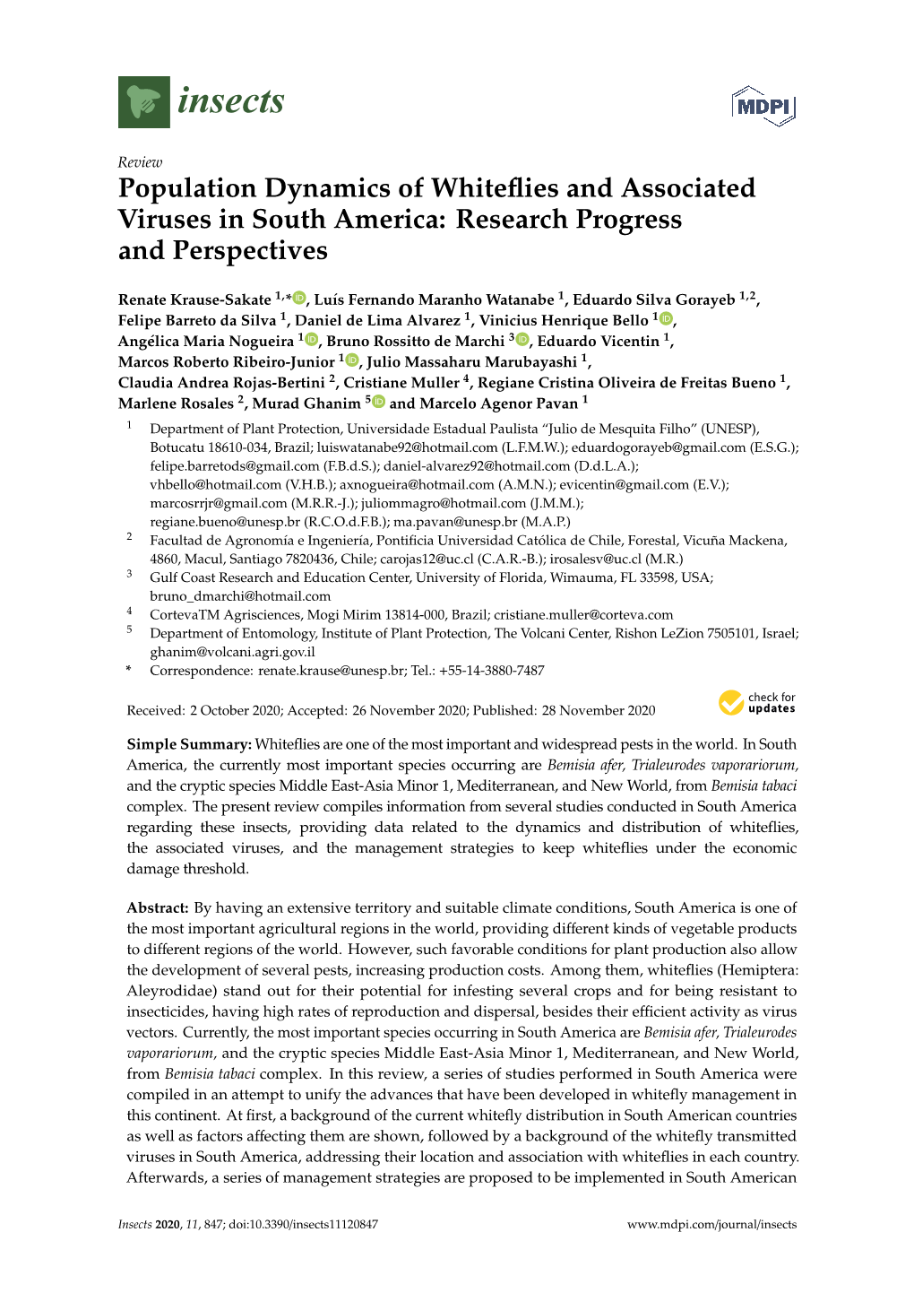 Population Dynamics of Whiteflies and Associated Viruses in South America