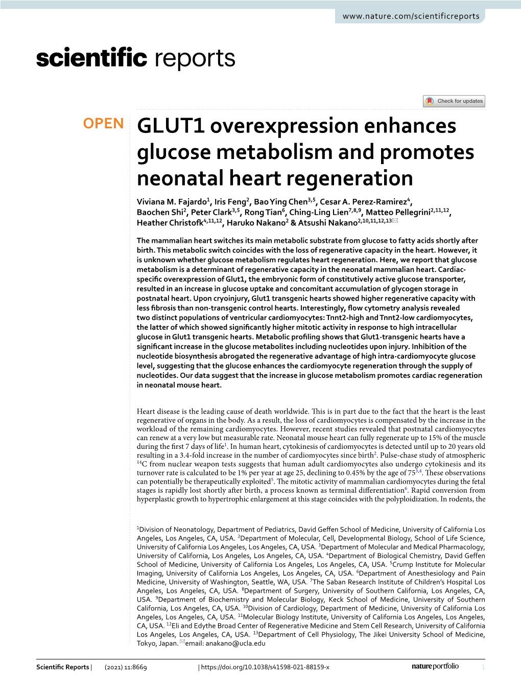 GLUT1 Overexpression Enhances Glucose Metabolism and Promotes Neonatal Heart Regeneration Viviana M