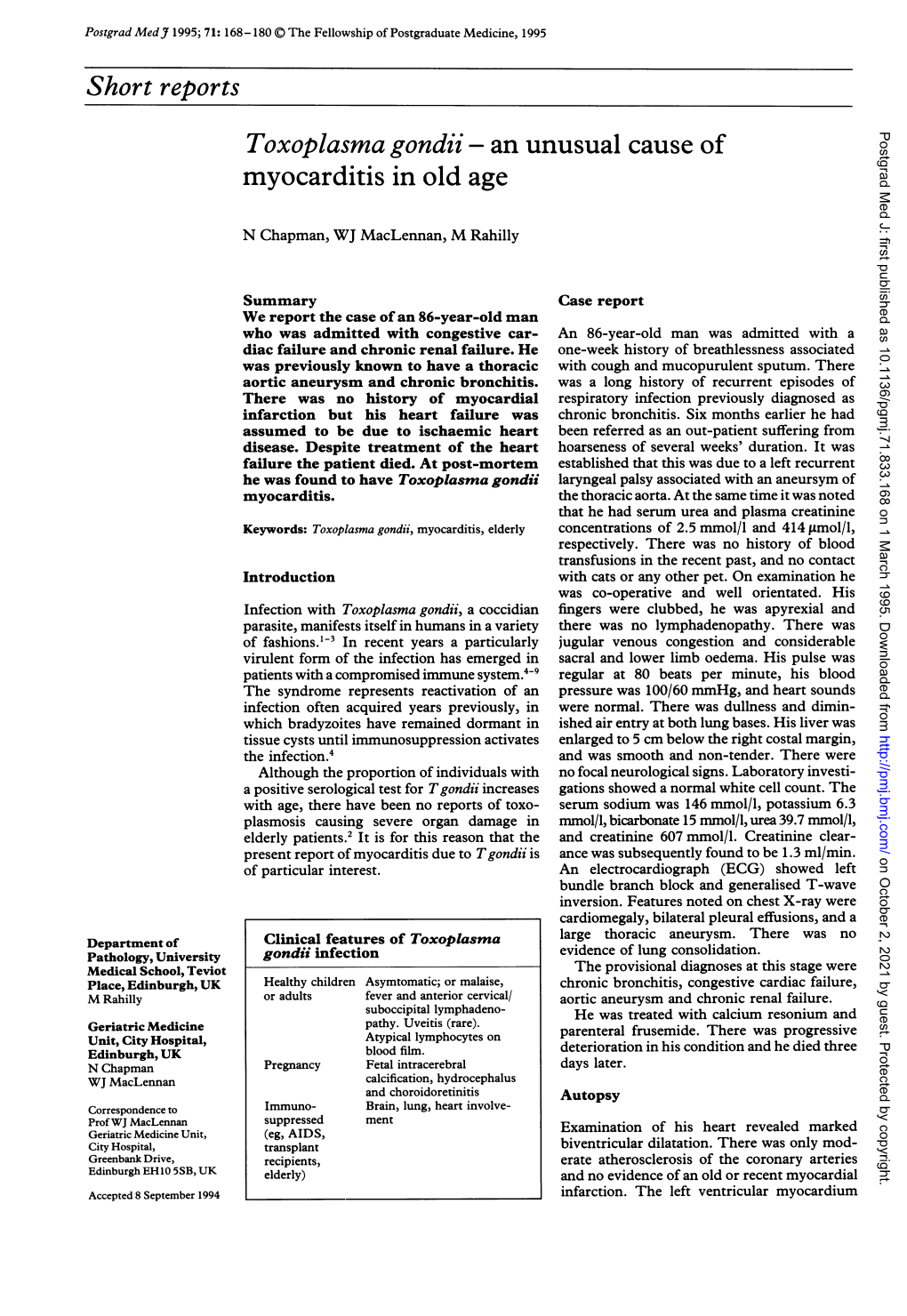 Toxoplasma Gondii - an Unusual Cause of Myocarditis in Old Age