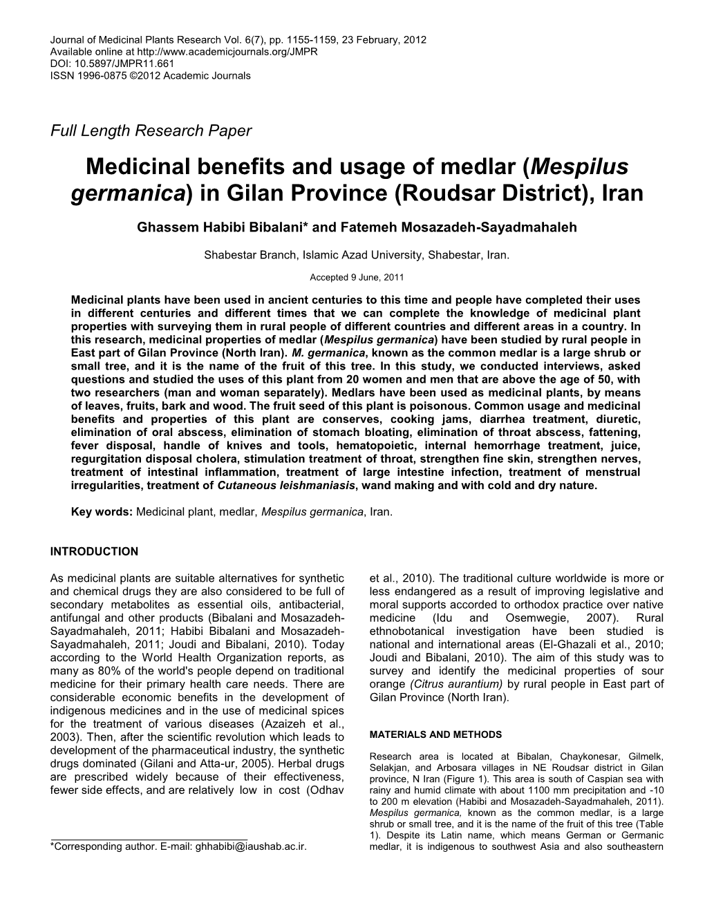 Medicinal Benefits and Usage of Medlar (Mespilus Germanica) in Gilan Province (Roudsar District), Iran