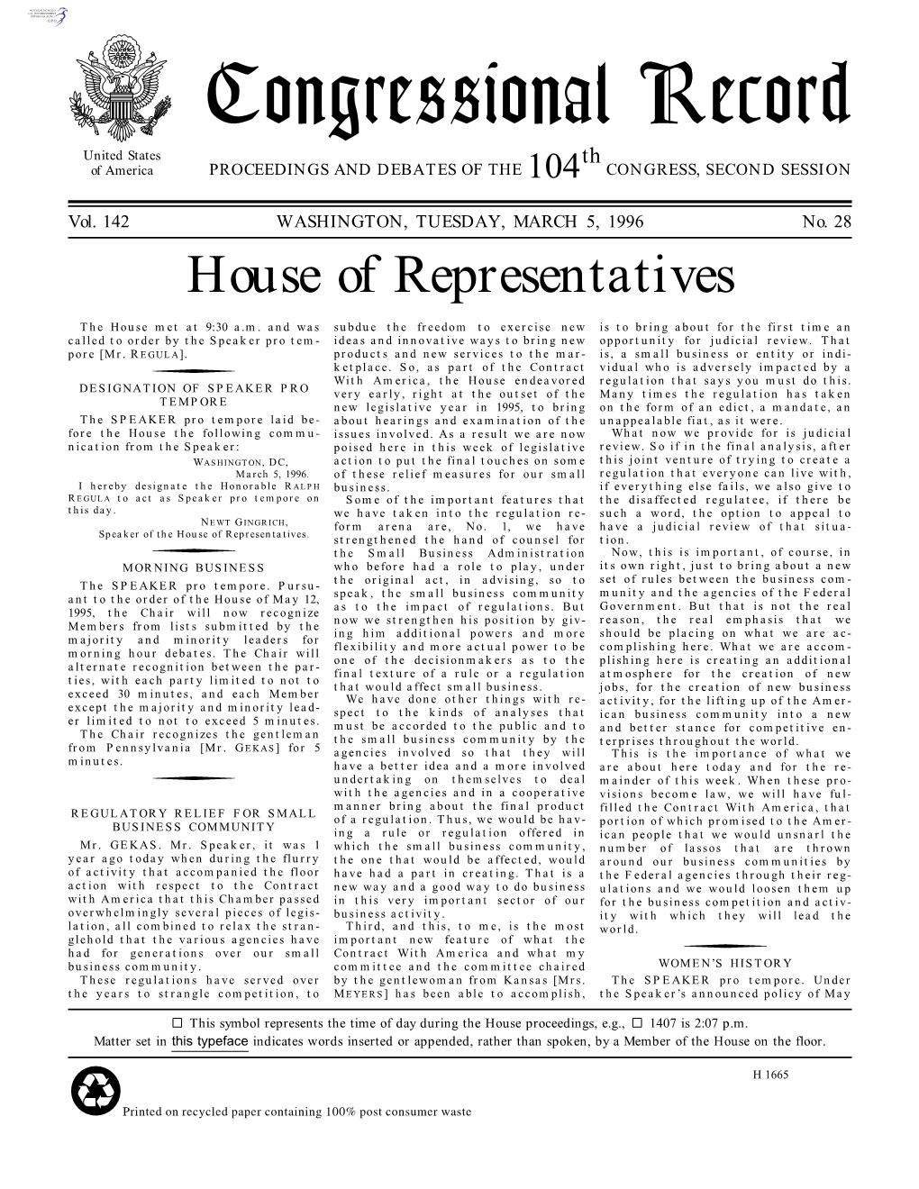 Congressional Record United States Th of America PROCEEDINGS and DEBATES of the 104 CONGRESS, SECOND SESSION