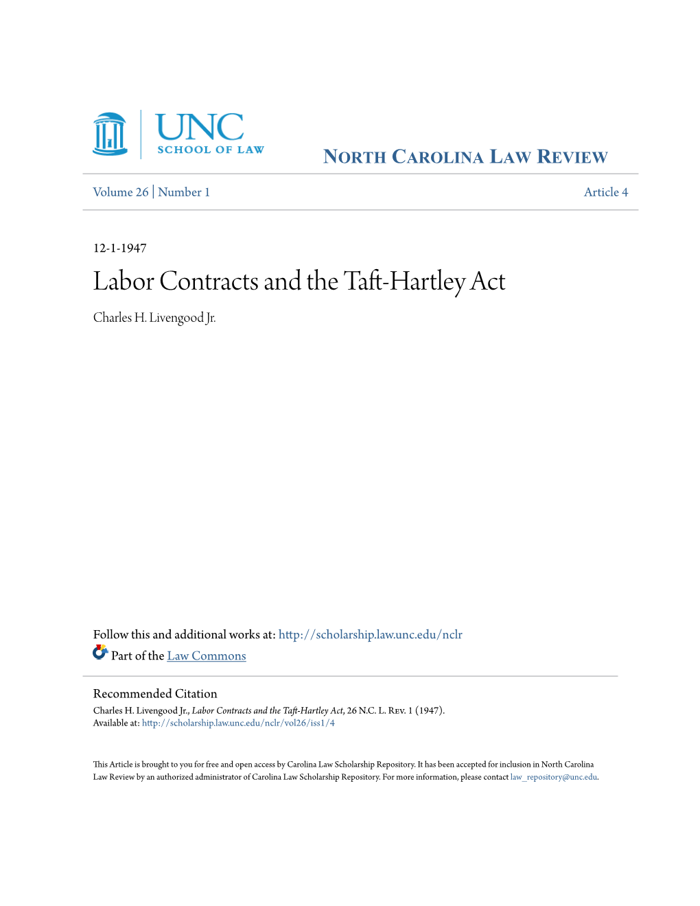 Labor Contracts and the Taft-Hartley Act Charles H