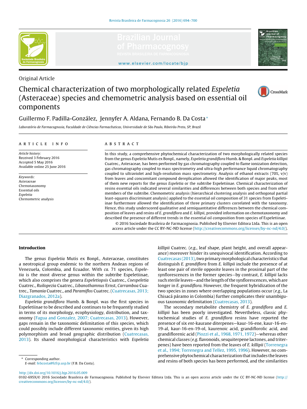 Chemical Characterization of Two Morphologically Related Espeletia (Asteraceae) Species and Chemometric Analysis Based on Essent