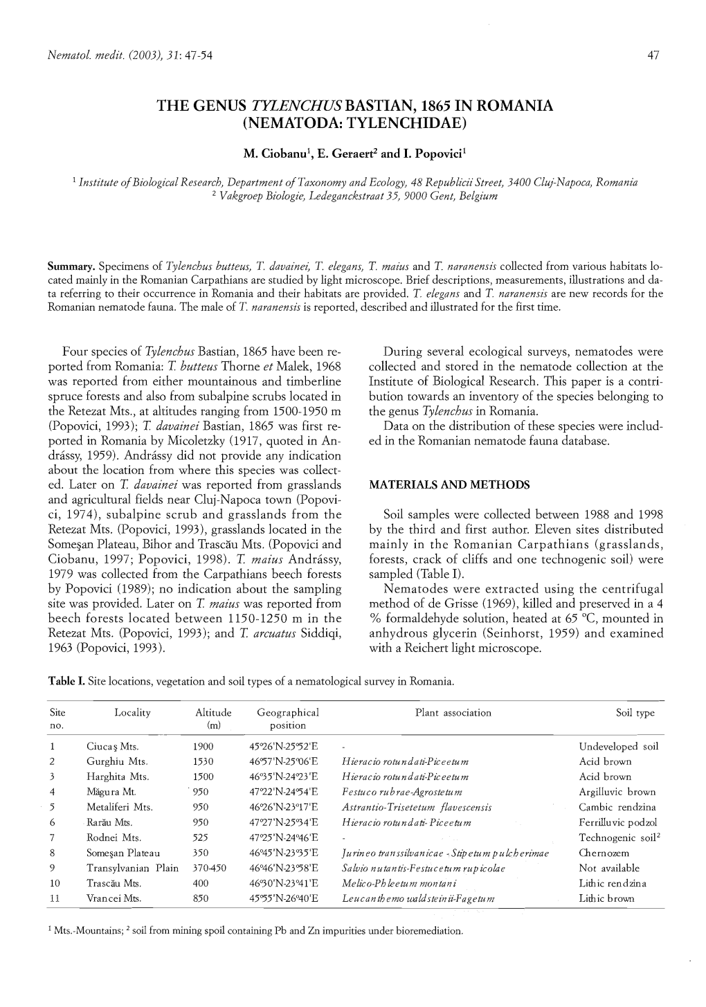 The Genus Tylenchus Bastian, 1865 in Romania (Nematoda: Tylenchidae)