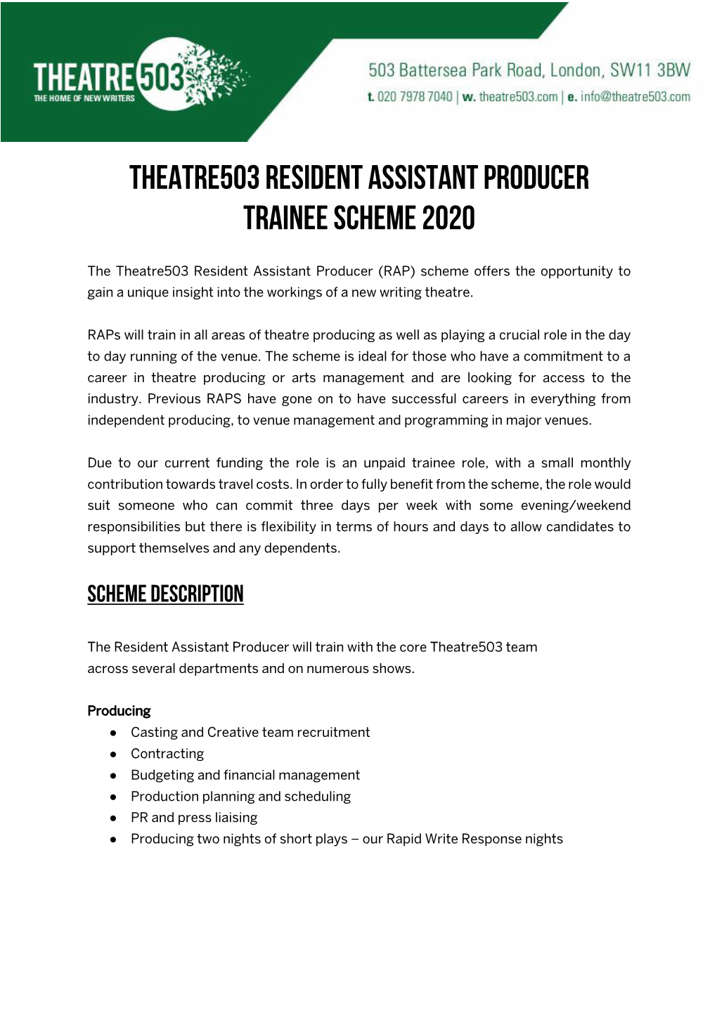 Theatre503 Resident Assistant Producer Trainee Scheme 2020