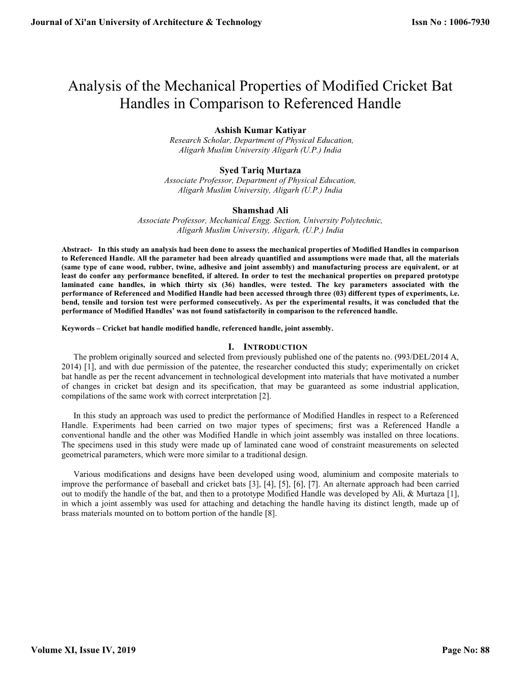 Analysis of the Mechanical Properties of Modified Cricket Bat Handles in Comparison to Referenced Handle