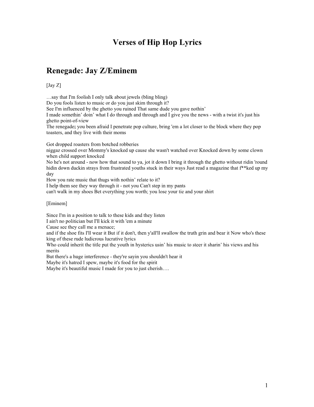 Verses of Hip Hop Lyrics Renegade: Jay Z/Eminem