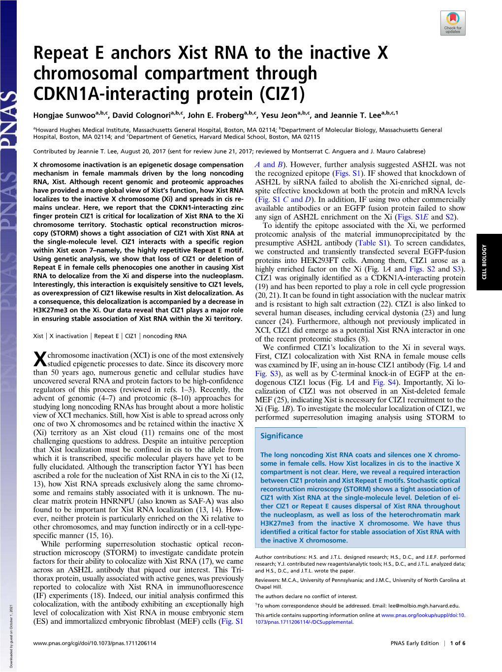 Repeat E Anchors Xist RNA to the Inactive X Chromosomal Compartment Through CDKN1A-Interacting Protein (CIZ1)