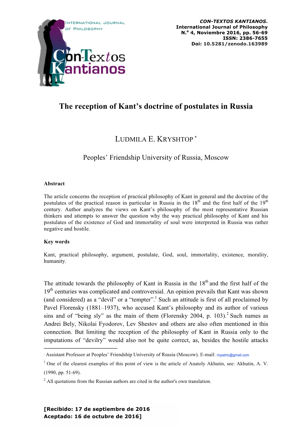 The Reception of Kant's Doctrine of Postulates in Russia