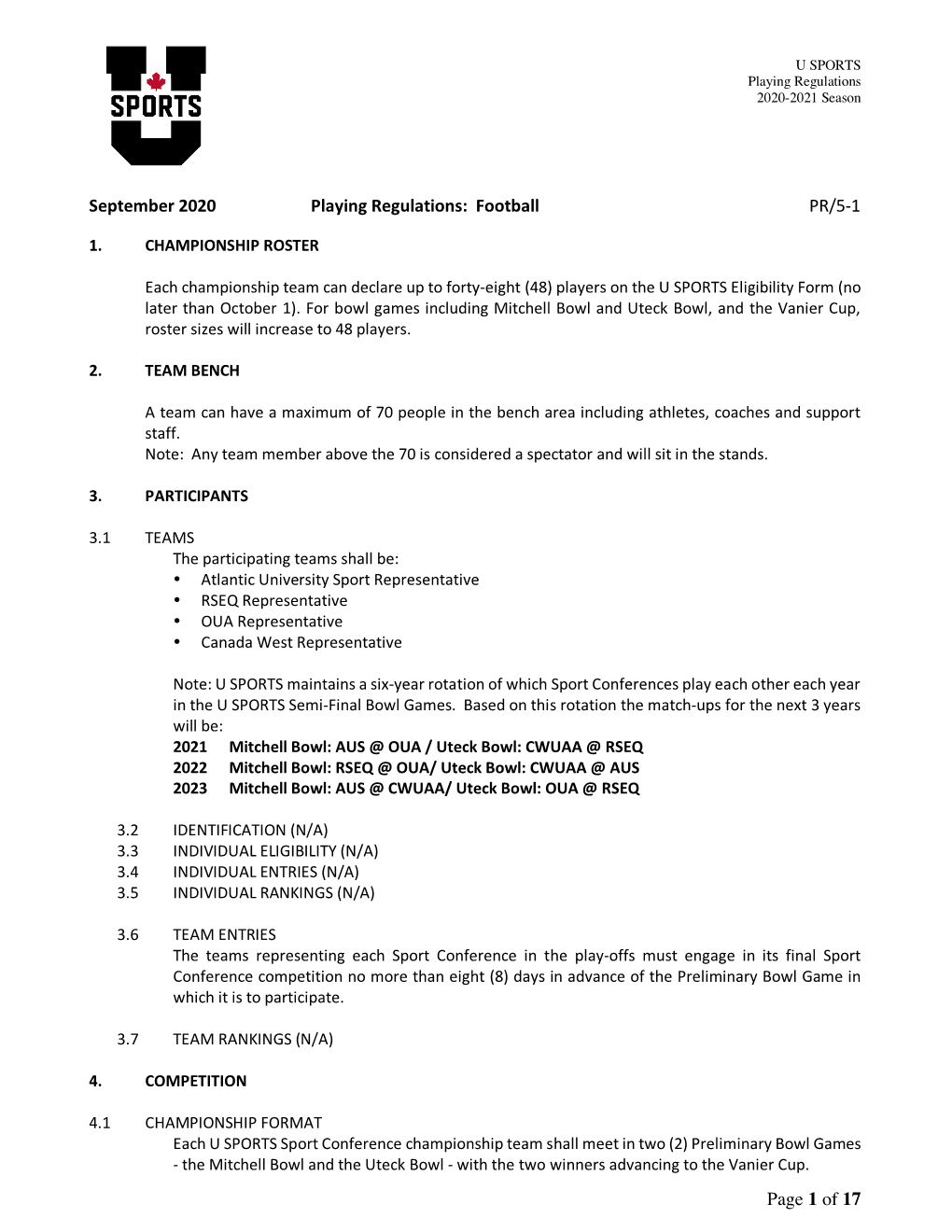 September 2020 Playing Regulations: Football PR/5-1 Page