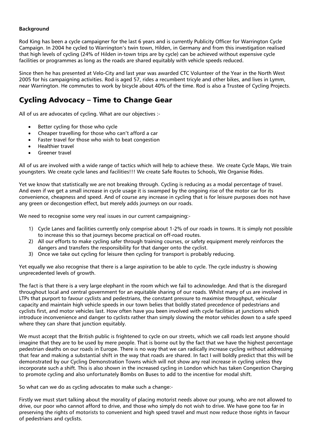 Cycling Advocacy – Time to Change Gear