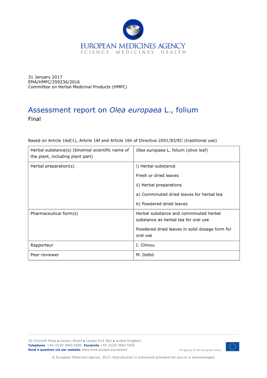 Assessment Report on Olea Europaea L., Folium Final