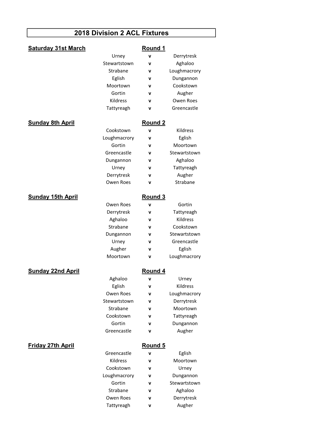 2018 Division 2 ACL Fixtures