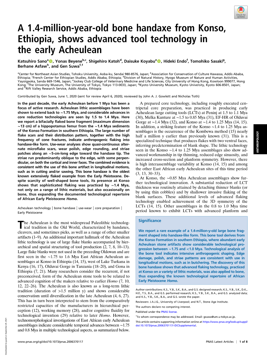 A 1.4-Million-Year-Old Bone Handaxe from Konso, Ethiopia, Shows Advanced Tool Technology in the Early Acheulean