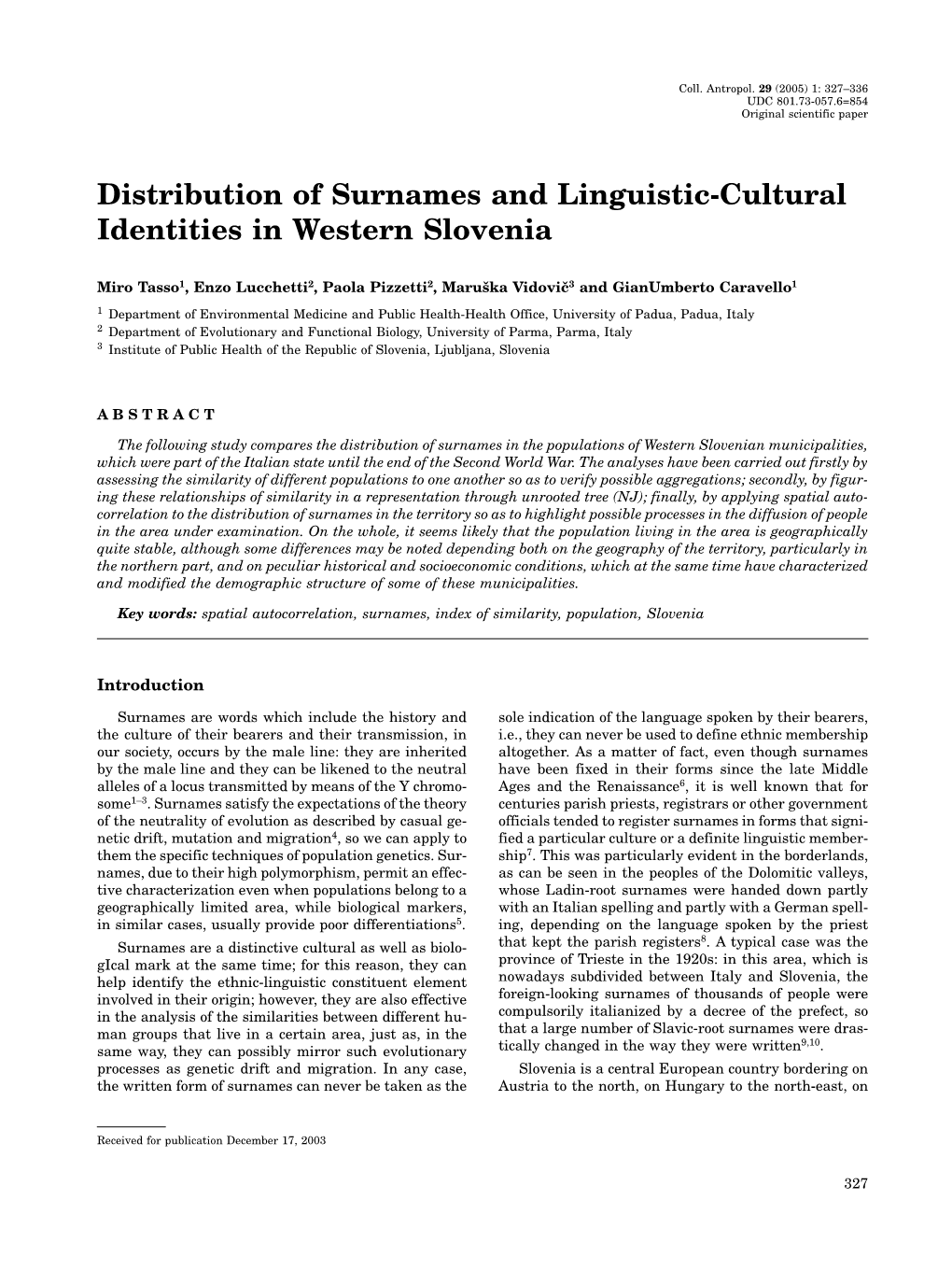 Distribution of Surnames and Linguistic-Cultural Identities in Western Slovenia