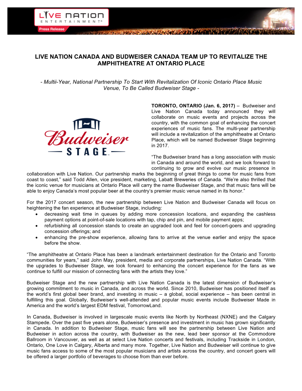 Live Nation Canada and Budweiser Canada Team up to Revitalize the Amphitheatre at Ontario Place