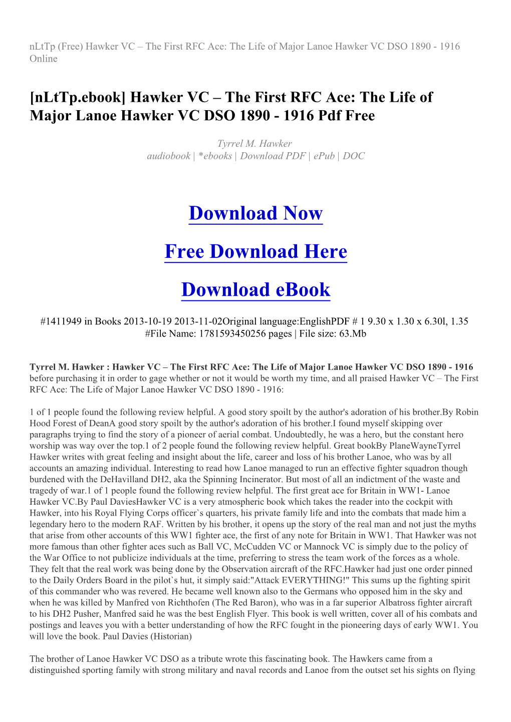 The Life of Major Lanoe Hawker VC DSO 1890 - 1916 Online