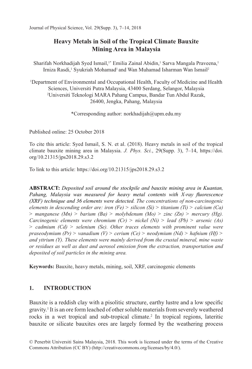 Heavy Metals in Soil of the Tropical Climate Bauxite Mining Area in Malaysia