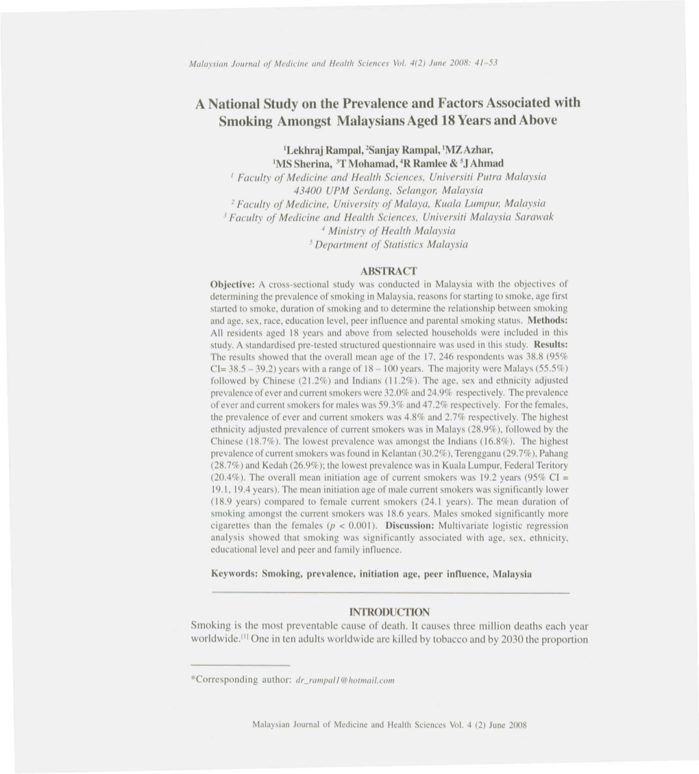 A National Study on the Prevalence and Factors Associated with Smoking Amongst Malaysians Aged 18 Years and Above