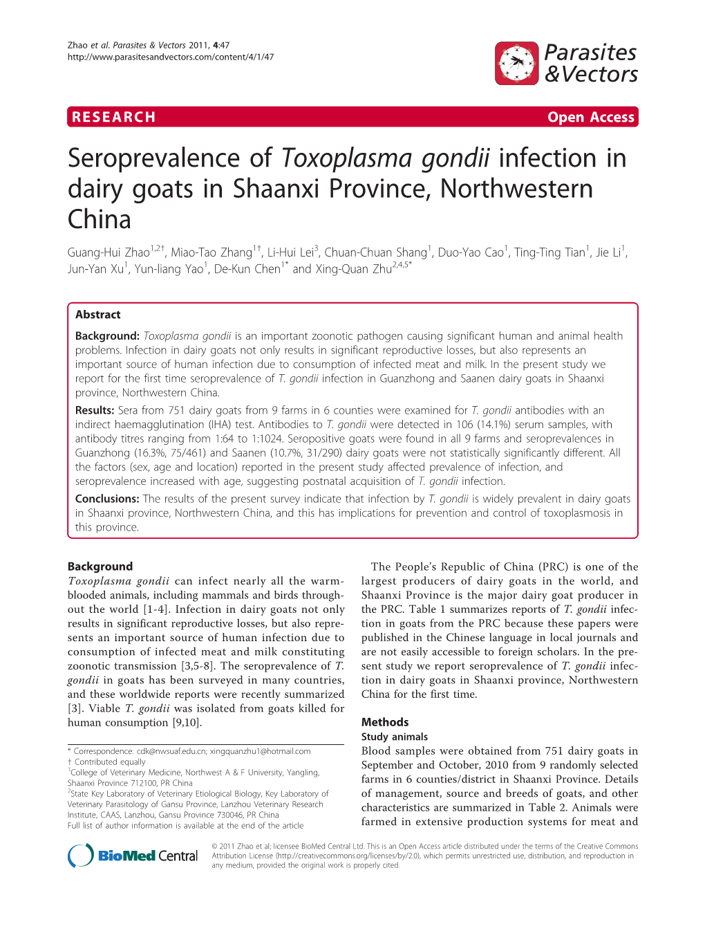 Seroprevalence of Toxoplasma Gondii Infection in Dairy Goats in Shaanxi