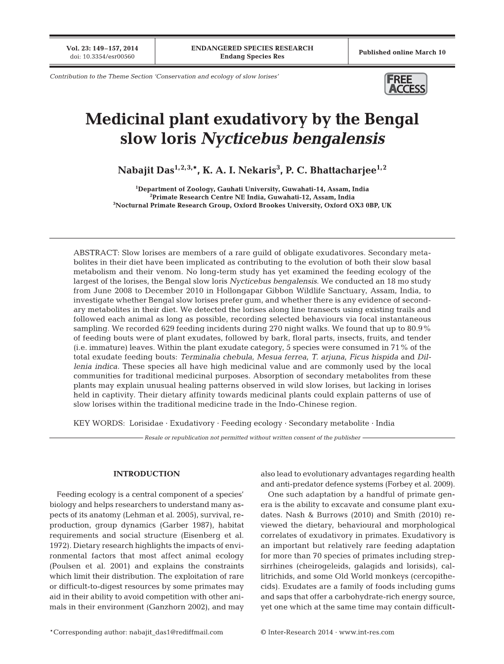 Medicinal Plant Exudativory by the Bengal Slow Loris Nycticebus Bengalensis