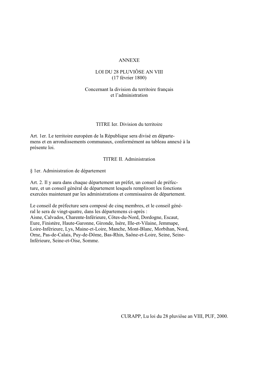 ANNEXE LOI DU 28 PLUVIÔSE an VIII (17 Février 1800)