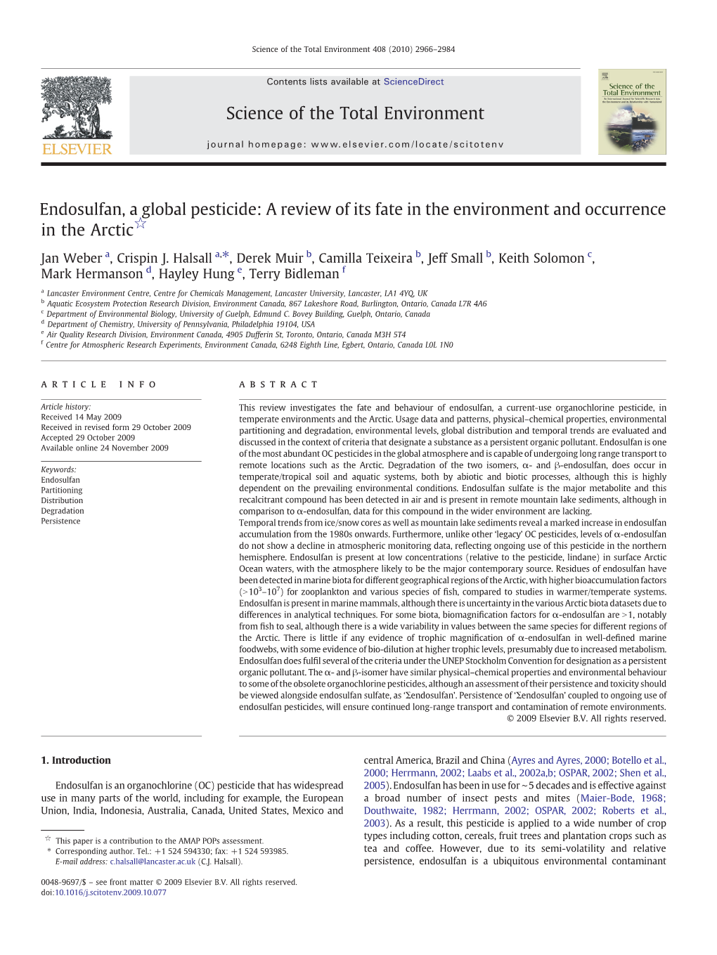 Endosulfan, a Global Pesticide: a Review of Its Fate in the Environment and Occurrence in the Arctic☆