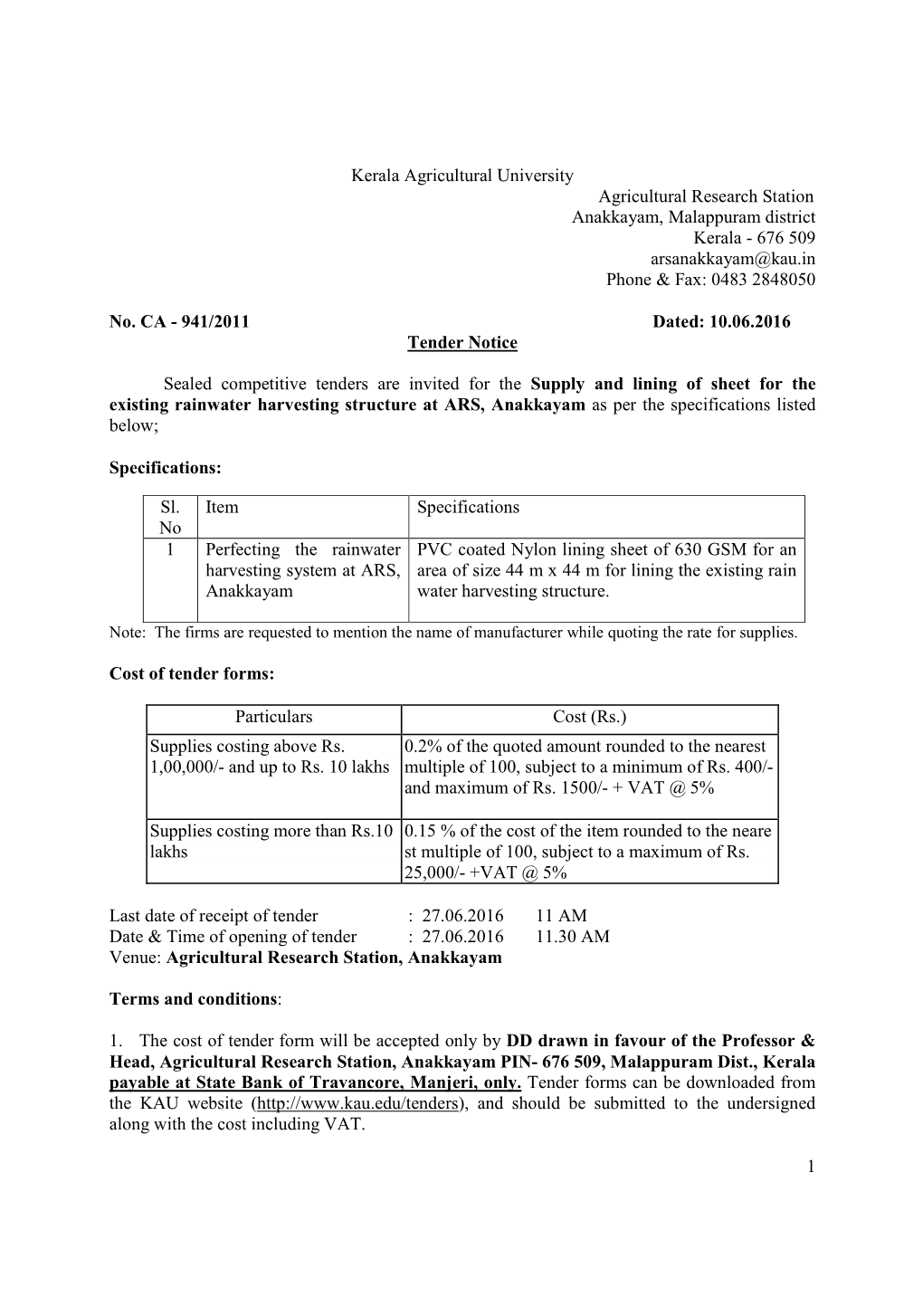 ARS AKM Tender Notice for Lining of RW Harvesting Structure