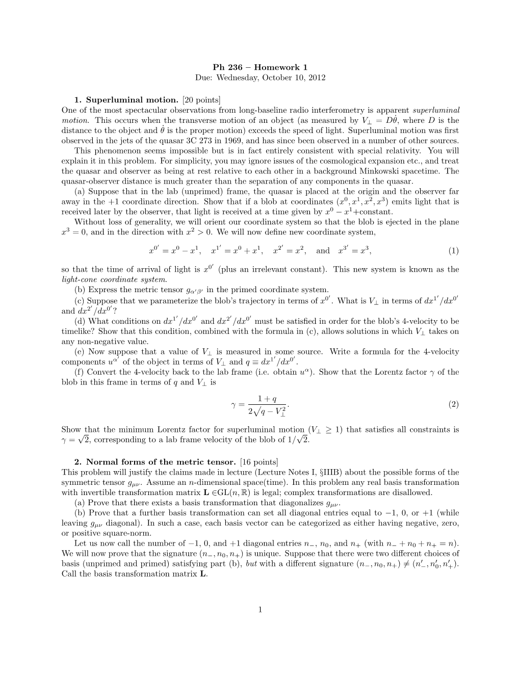 Ph 236 – Homework 1 Due: Wednesday, October 10, 2012