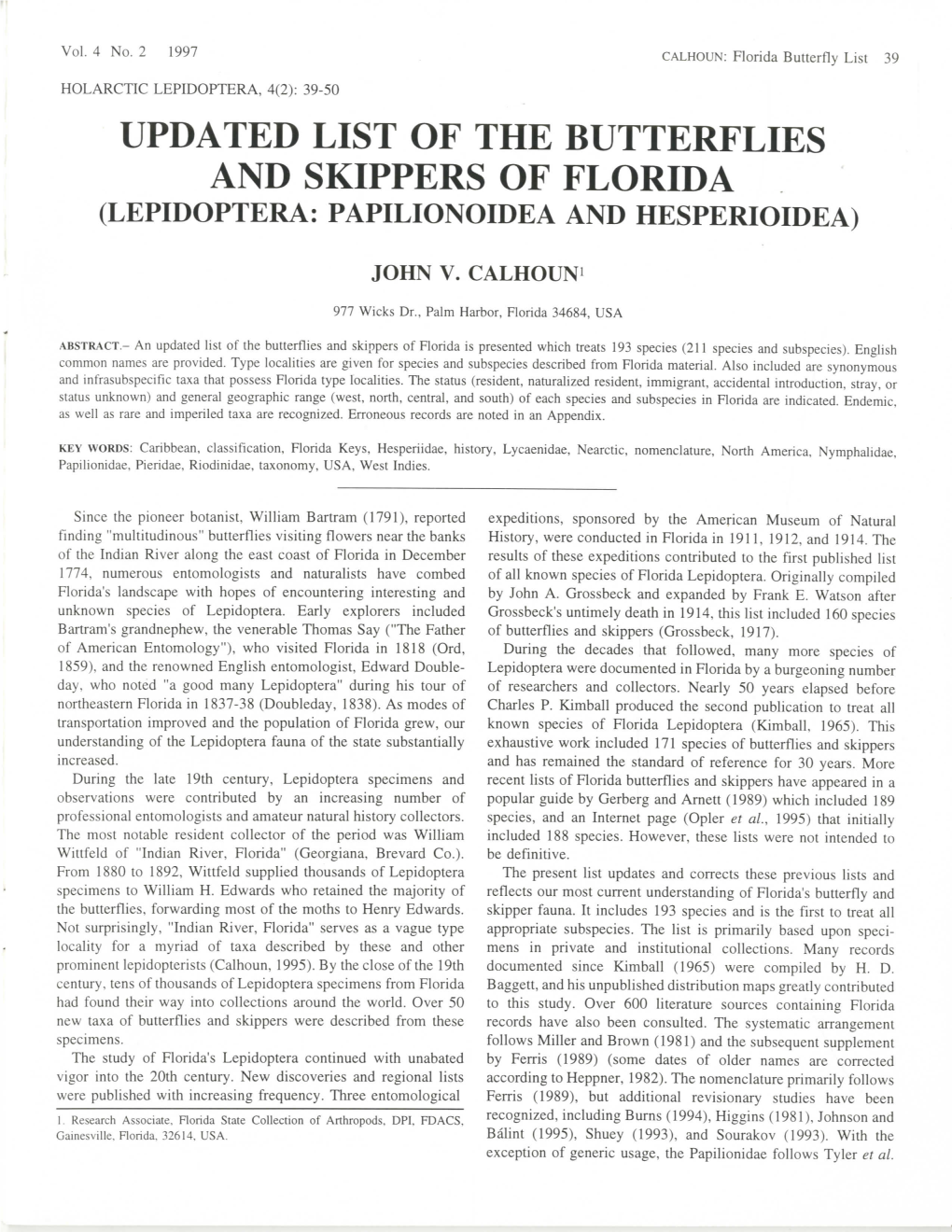 Updated List of the Butterflies and Skippers of Florida (Lepidoptera: Papilionoidea and Hesperioidea)